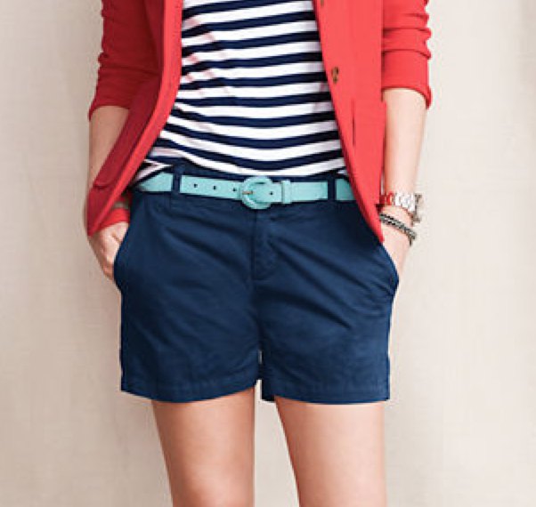 red blazer with striped t-shirt and dark blue chino shorts