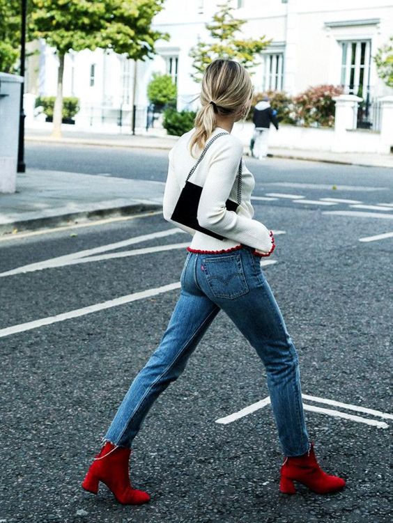 knit red ankle boots jeans