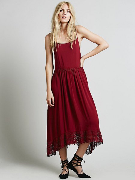 red airy slip maxi dress with strappy heels