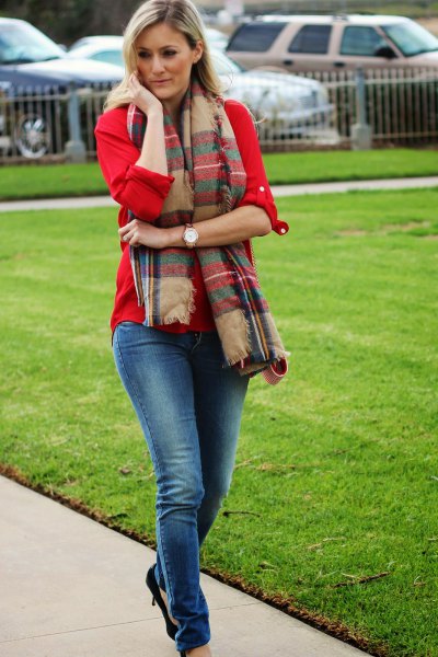 red button above crepe tartan scarf
