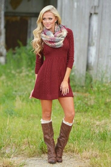 red cable knit mini flare dress with gray and white scarf