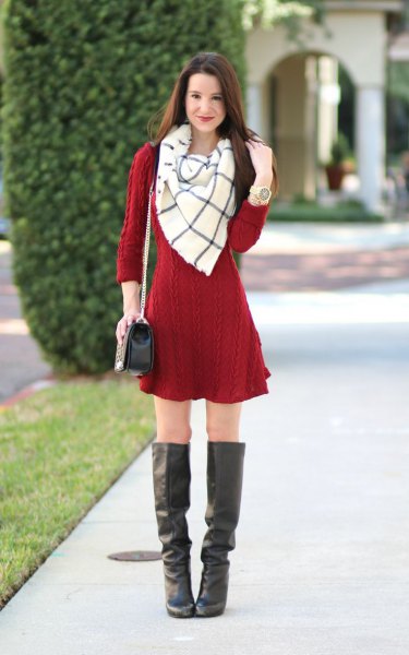 red cable knit mini sweater dress with white and gray wool scarf