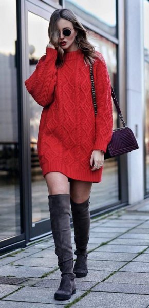 red knitted sweater dress with gray overknee boots