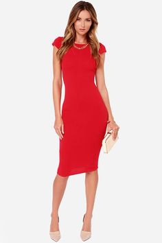 red form-fitting midi dress with cap sleeves and white clutch wallet