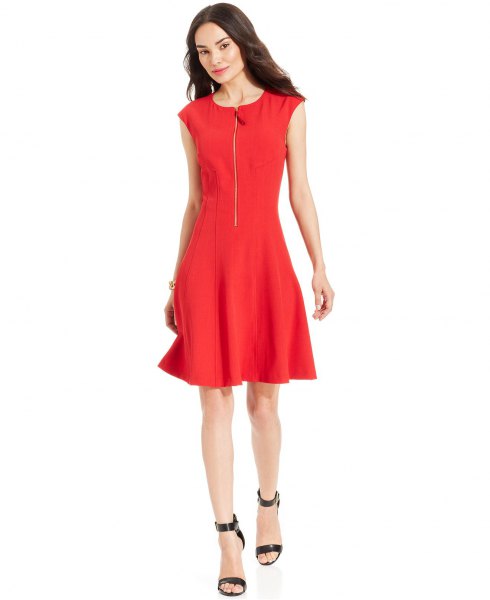 red skater dress with zipper in the front