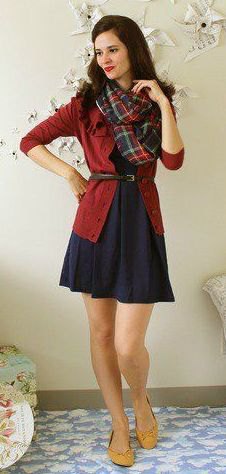 red cardigan navy fit and flare dress