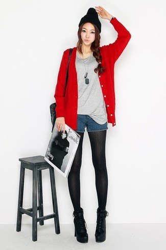 red cardigan with gray t-shirt and little blue denim shorts