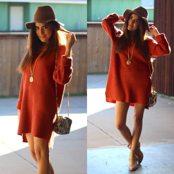 red, chunky sweater dress with gray floppy hat
