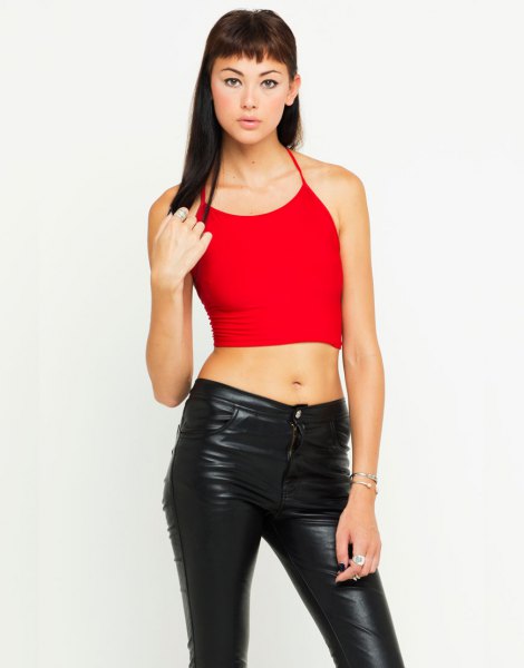 red crop top black leather pants