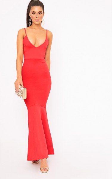 red fishtail maxi dress with deep V-neck