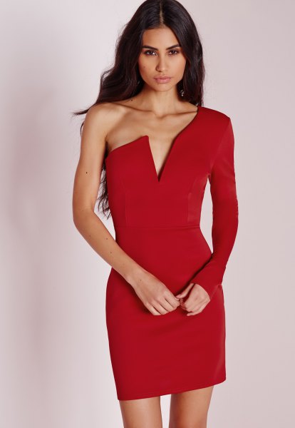 red bodycon dress with deep V-neckline and sleeves