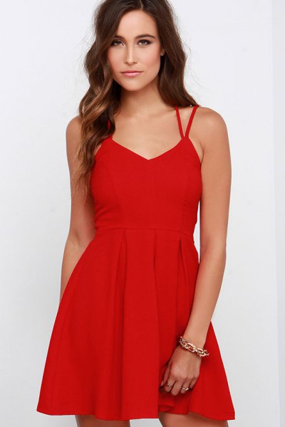 red mini skater dress with double straps and V-neck