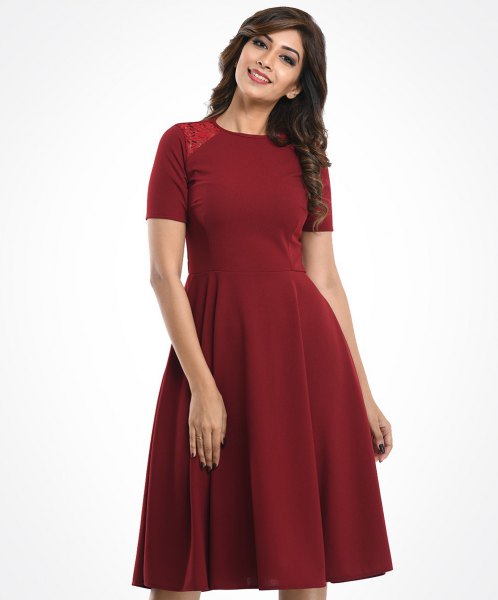 red, short-sleeved dress with fit and flare