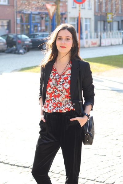 red flower blouse with black blazer