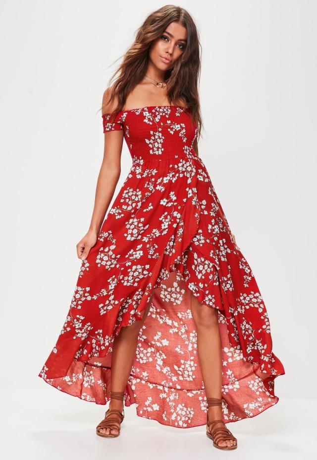 red maxi dress outfit with floral pattern