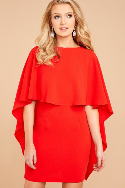 red, figure-hugging mini dress with shoulder ruffles