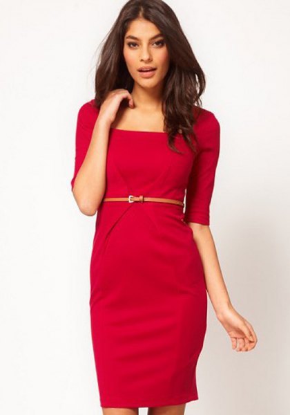 red knee-length shift dress with belt sleeves