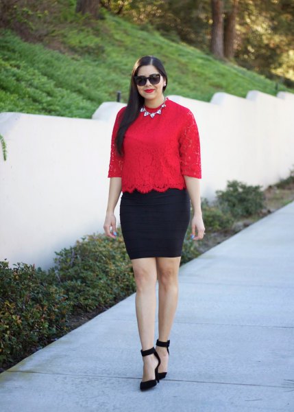 red top with scalloped hem and black pencil skirt