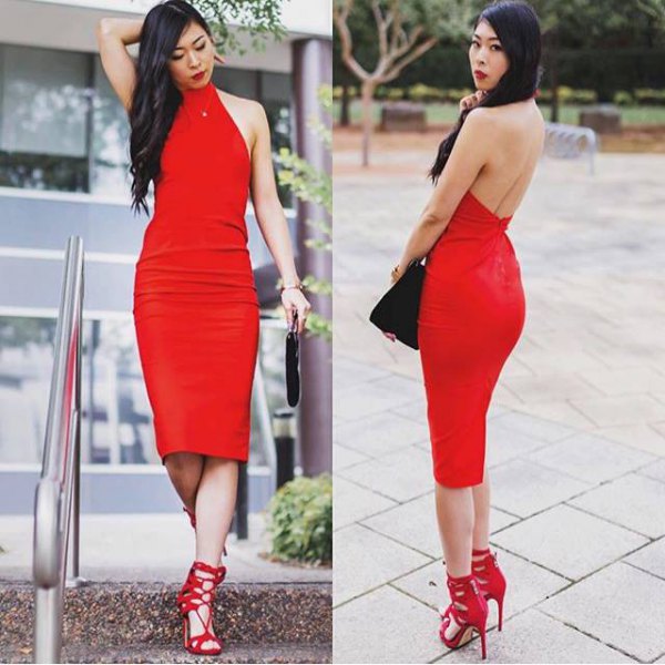backless, backless midi dress with halter neck and matching lace-up heels