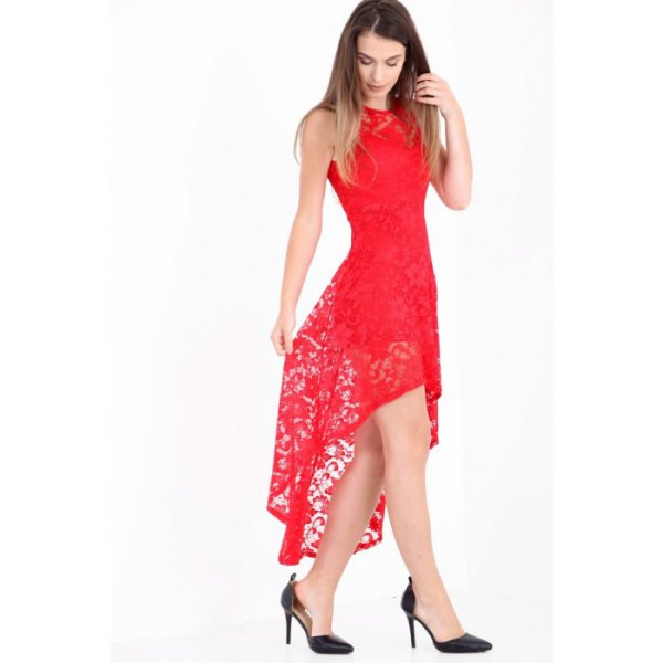 red high low top dress black heels