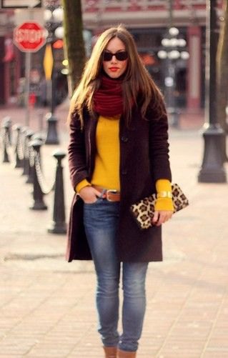 red infinity scarf yellow sweater black leather jacket