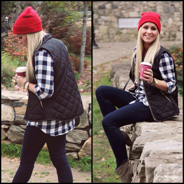 red knitted hat with checked shirt and dark blue jeans