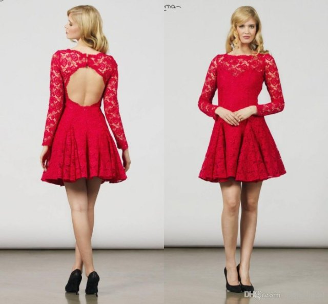Red long-sleeved skater pleated dress with a red lace neckline