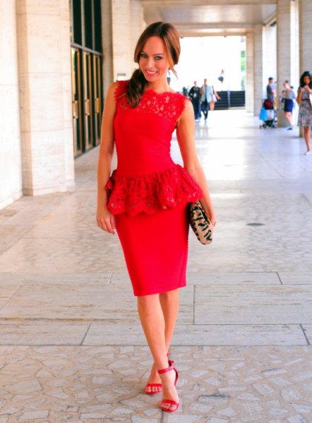 red lace top with figure-hugging midi skirt
