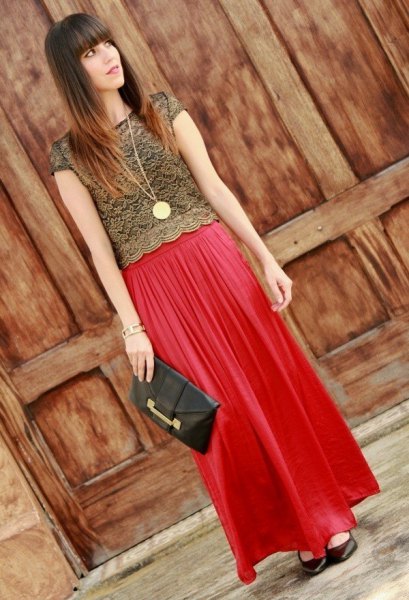 red lace top with matching maxi pleated skirt made of chiffon