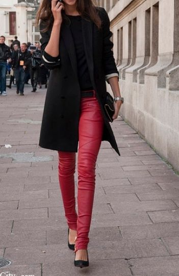Red leather pants and the over-the-hips blazer elevates the look .
