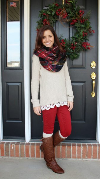 red leggings chunky sweater knee high boots