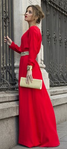 red maxi dress with long sleeves and belt