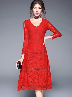 red long-sleeved fit & flare midi lace dress with collar