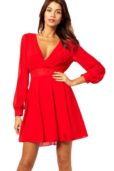 red long-sleeved V-neck fit and flared mini dress