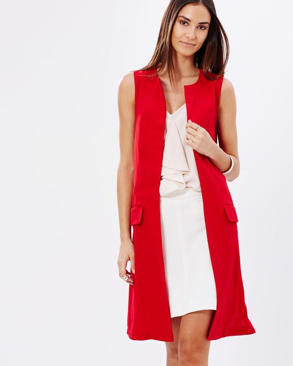 red sleeveless cardigan outfit