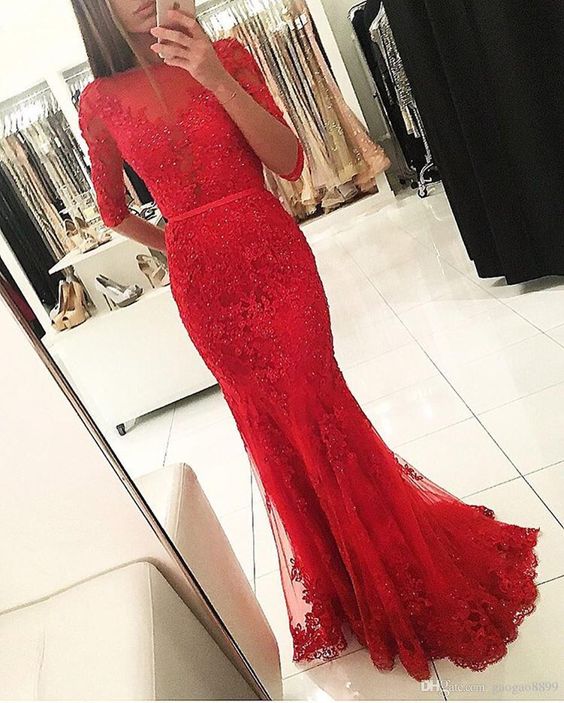 red mermaid dress lace sleeves