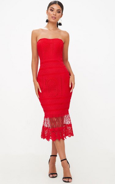 red mermaid lace midi tube dress with open toe heels