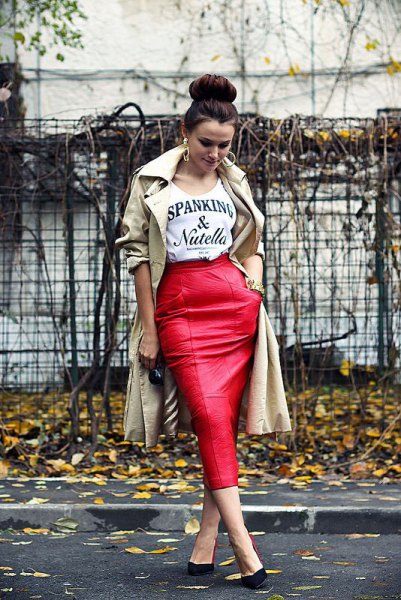 red midi leather skirt, beige trench coat