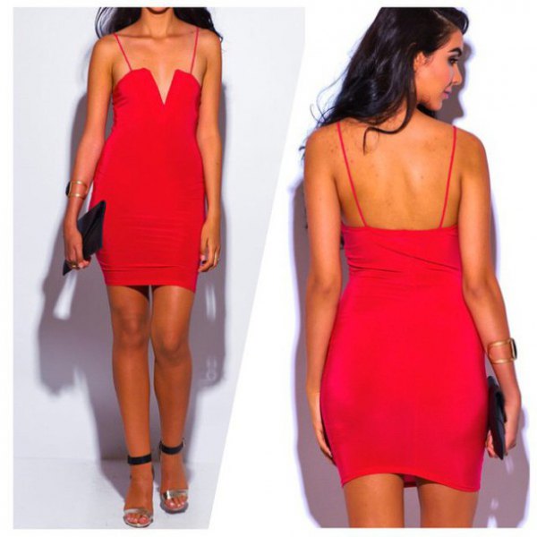 red, figure-hugging mini dress with spaghetti straps and V-neckline and open toe heels