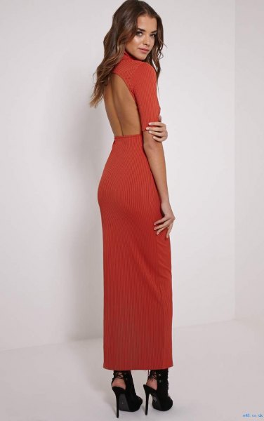 red maxi dress with open back and black ballet and black ballerinas