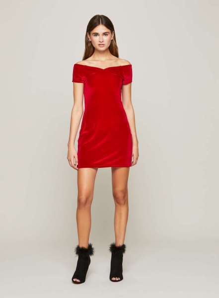 red strapless mini dress with open toe boots