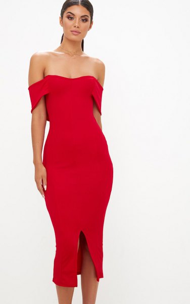 red off the shoulder midi slit dress