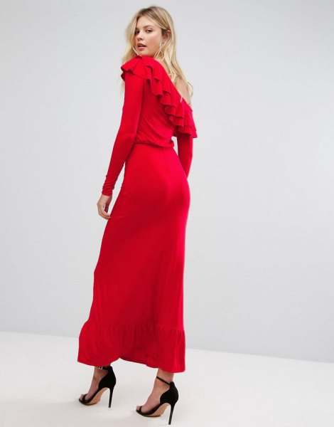 red strapless ruffle dress