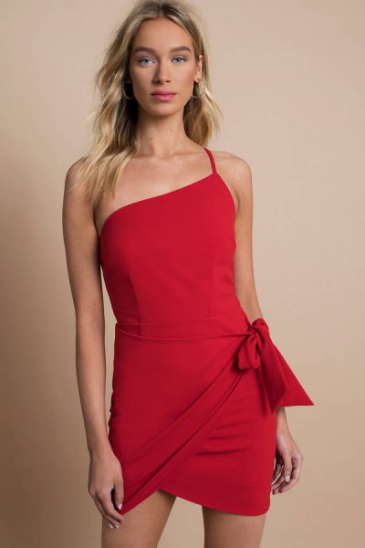 red mini wrap dress with one shoulder spaghetti strap