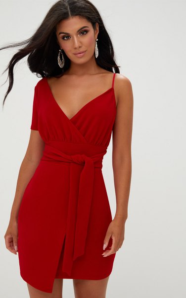 red wrap dress with one sleeve