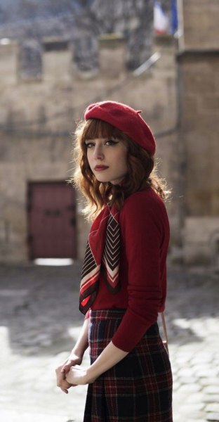 red painter's hat, checkered pencil skirt