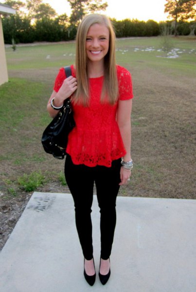 red peplum lace top with black ballerinas