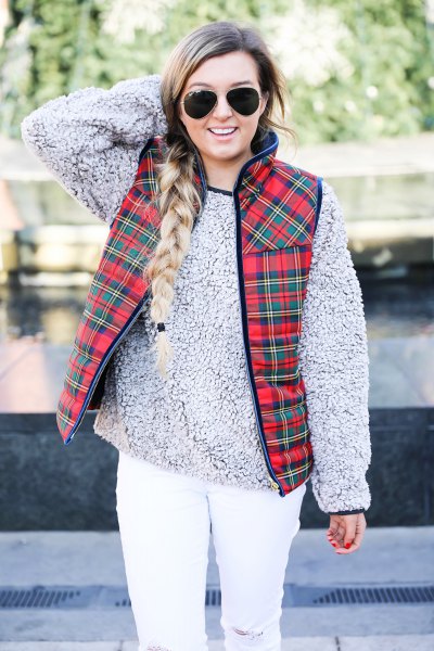 red plaid vest gray teddy sweater