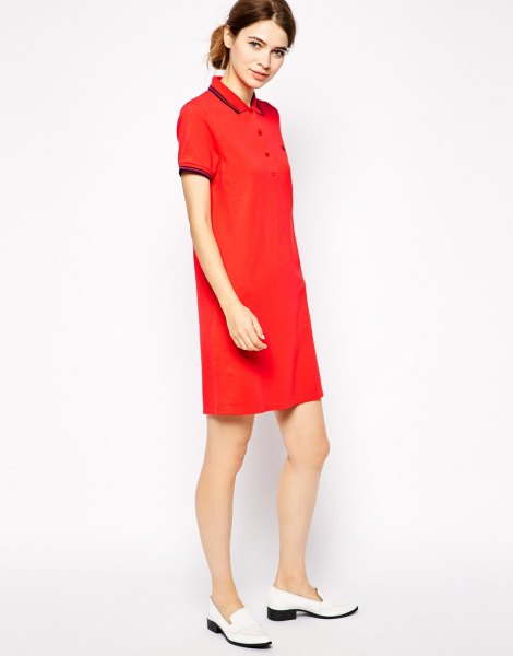 red polo shirt dress white slipper outfit