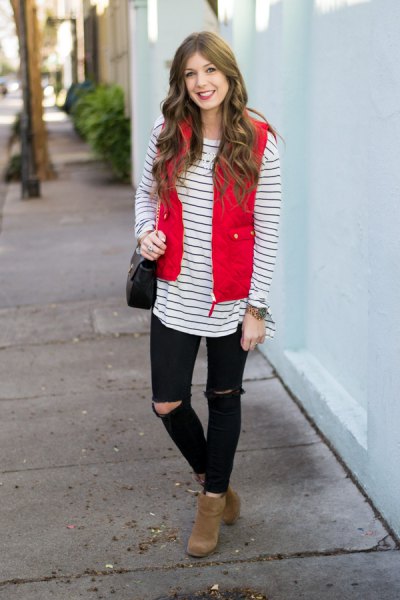 red quilted vest with black and white striped long-sleeved T-shirt